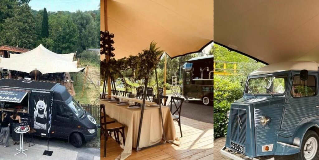 Drei Foodtrucks und stilvolle Stretchzelte auf einem Outdoor-Event, die wettergeschützte Essbereiche und eine einladende Atmosphäre schaffen.