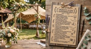 Gedruckte Checkliste für die Outdoorhochzeit-Planung auf einem Klemmbrett neben einem dekorieren Flexzelt im Garten