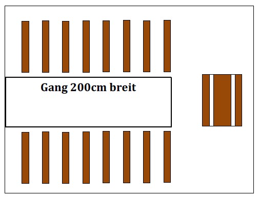 Skizze einer Kinobestuhlung im 75 qm Stretchzelt mit 200 cm breitem Mittelgang